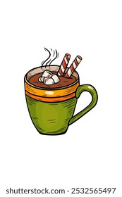 Vector sketch in vintage style, engraving, line drawing of colored cocoa cup.