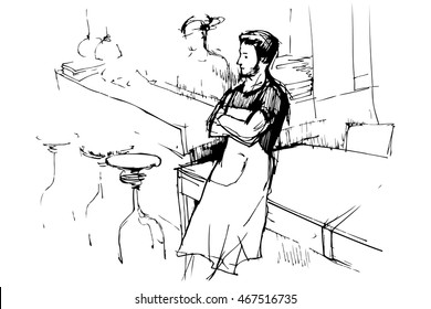  vector sketch of a waiter in an apron in a pub