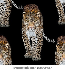 Vector sketch of walks leopard.Seamless leo pattern.Animal print.Wildlife.