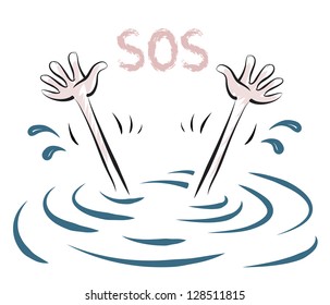 Vector sketch of water and two hands. Drowning man asks for help.