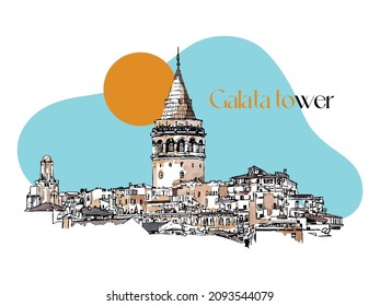 Vector sketch watercolor illustration with the Galata Tower in Istanbul, Turkey. Hand drawn famous turkish landmark, turkish sightseeing. Hand drawn sketch vector watercolor illustration. Simple urban