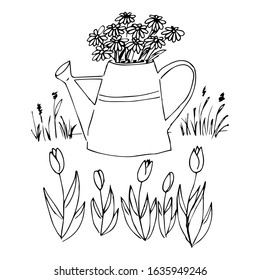 Vector sketch of a watering can with flowers. Spring drawing.