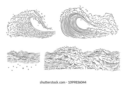 Vector sketch waves sea ocean. Big and small splash with foam and bubbles. Outline isolated set black white illustration.