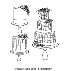 Vector sketch of wedding cake with floral decoration isolated on a white
