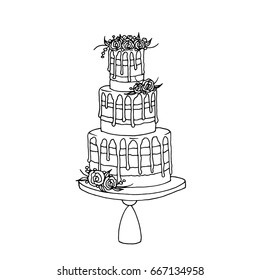 Vector sketch of wedding cake with floral decoration isolated on a white