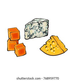 vector sketch wedge of soft blue cheese with mold, cubics of hard cheddar and emmental cheese with holes set for your design. Isolated illustration on a white background.