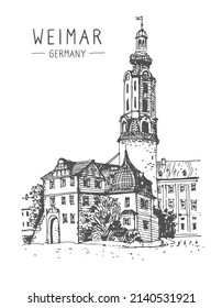 Vector sketch of Weimar, Germany. Medieval building illustration line art. Freehand drawing with a ink pen on paper. Hand drawn travel postcard. Urban sketch in black color on white background.
