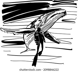 the vector sketch of the whale and diving man under water