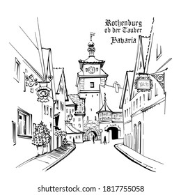 Vector sketch of White tower or Weisser Turm in medieval old town of Rothenburg ob der Tauber, Bavaria