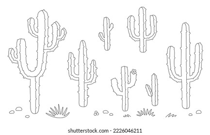 Vector Sketch of Wild Cactus. Collection of Cute Cacti. Desert plant. Hand draw illustration in cartoon doodle style. Black outlines isolated on a white background. Contour drawing. 