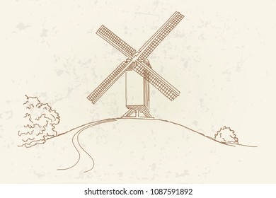 Vector sketch of Windmill in Bruges (Brugge), Belgium in retro style.