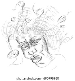 Vector sketch woman with hair snakes