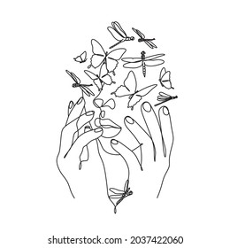 Vector sketch woman head with butterflies and dragonflies