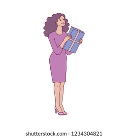Vector sketch woman in pink dress standing with positive emotions holding present box. Excited female character at her birthday, anniversary or christmas and new year holiday party