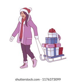 Vector sketch woman in winter outdoor clothing pulling santa sleigh full with present gift boxes for christmas, birthday or new year holiday celebration. Female character with surprise for kids vector