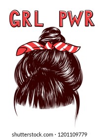 Vector sketch of a woman's hair bundle with the inscription grl pwr. Design elements for printing on T-shirts, flyers and banners. Top view of a female head with a bundle of hair and a bandage