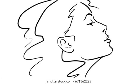 Vector sketch of woman's profile. Beautiful blonde side view.  Close up girl face. Black and white pretty woman. Simple line drawing at white background.