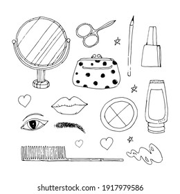 Vector. Sketch. Women's cosmetic bag. Scissors, mirror, lipstick, eyeshadow, nail polish, comb, eyes, lips, eyebrows. Line.