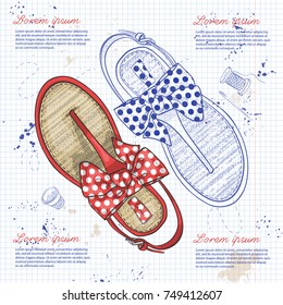 Vector sketch womens flip flops with polka-dot bow on a notebook page