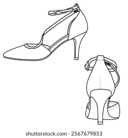 Vector sketch of women's mid-heel ankle strap, party shoes, stiletto with buckle. Outline vector doodle illustration, side, and back view, isolated on a white background 