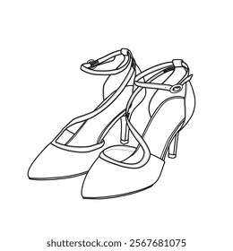 Vector sketch of women's mid-heel ankle strap with buckle, stiletto, evening party shoes, graduation shoes. Outline vector doodle illustration, front, and side view.