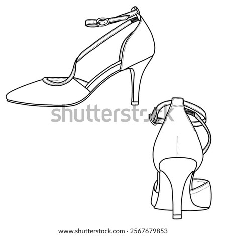 Vector sketch of women's mid-heel ankle strap, party shoes, stiletto with buckle. Outline vector doodle illustration, side, and back view, isolated on a white background 