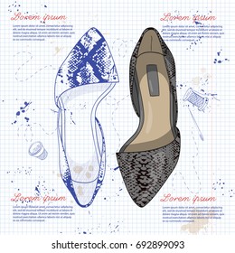 Vector sketch, womens reptile leather pointy toe ballet flat on a notebook page