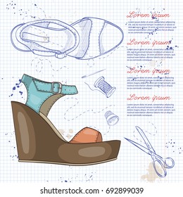 Vector sketch womens sandals on the wedge on a notebook page