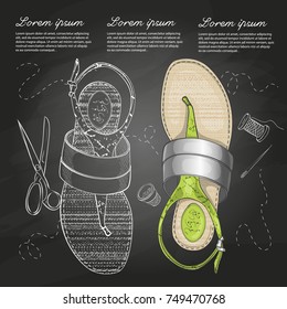 Vector sketch womens t-strap sandals with silver on a chalk board