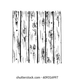 Vector sketch of wood, executed in black. Isolated on white background. Vertical boards.