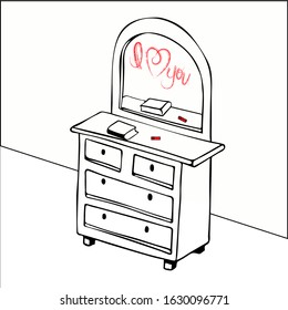 Vector sketch of a wooden chest of drawers with a mirror. Hand-drawn, outline, bedroom furniture, a place to store household items, doodle style, three-dimensional image, drawing in an eye perspective