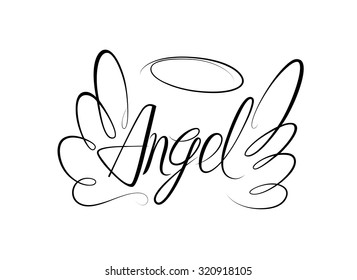 Vector Sketch Of Word Angel And Two Wings. Linear Drawing.