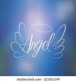 Vector sketch of word Angel and two wings. Linear drawing. Blurred background. Abstract blurred background. Abstract mesh background. Mesh blurred background. Template for poster.