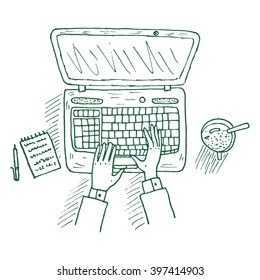 Vector sketch of the working place. Laptop, cup and the hands typing on laptop keyboard. Top view.