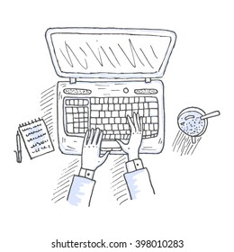 Vector sketch of the working place. Laptop, cup and the hands typing on the keyboard. Top view.