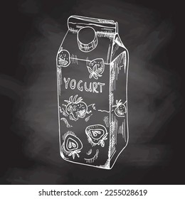 Vector sketch of yogurt packaging.  Yogurt with strawberries.  Chalkboard vector hand drawn Illustration. Vintage. Retro element for labels, packaging and cards design. 