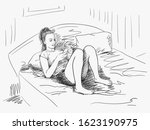 Vector sketch of young girl in bed using smartphone, Hand drawn illustration