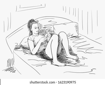 Vector sketch of young girl in bed using smartphone, Hand drawn illustration