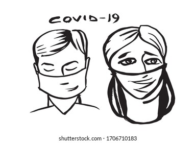 Vector sketch of young girl and boy in medical masks isolated on white, coronavirus protection icons, covid-19