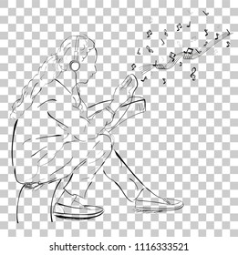 Vector Sketch Young Girl Listening Music Thru Smartphone at transparent effect background
