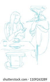 vector sketch of a young girl at a table in a cafe with a phone