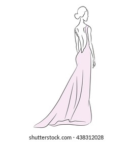 The vector sketch with the young graceful model. Back view of the dress. Long evening gown with open back. Gracefull slenderness. Romantic image. Skinny body silhouette. Haute couture fashion show.