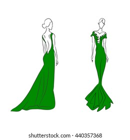 The vector sketch with the young graceful model. Back and front view of the dress. Long evening gown with open back. Gracefull slenderness. Skinny body silhouette. Haute couture fashion show.