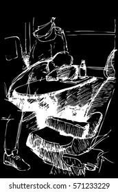  vector sketch of a young man sleeping on a table by the window in the train locomotive