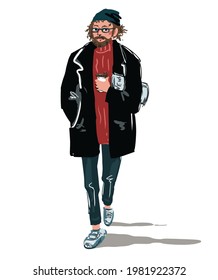 boceto vectorial de un joven caminando con un periódico y café, aspecto casual, moda masculina. 