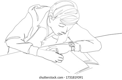Vector sketch of young man writing notes on table