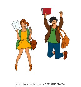 Vector sketch young teen students jumping set. Girl in dress, jacket, boy in modern casual outfit jeans holding book backpack having fun. Female male university college character isolated illustration