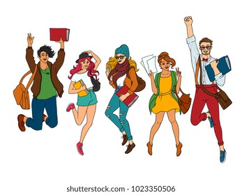 Vector sketch young teen students jumping set. Girls, boy in modern casual outfit, dress cap jeans, holding book backpack having fun. Female, male university college character. isolated illustration