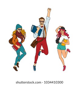 Vector sketch young teen students jumping set. Girls, boy in modern casual outfit, dress cap jeans, holding book backpack having fun. Female, male university college character. isolated illustration