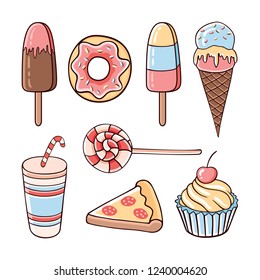 Vector sketch yummy set of stickers with ice cream, pizza, donut, lollipop, cola and cupcake. Doodle fast food collection 